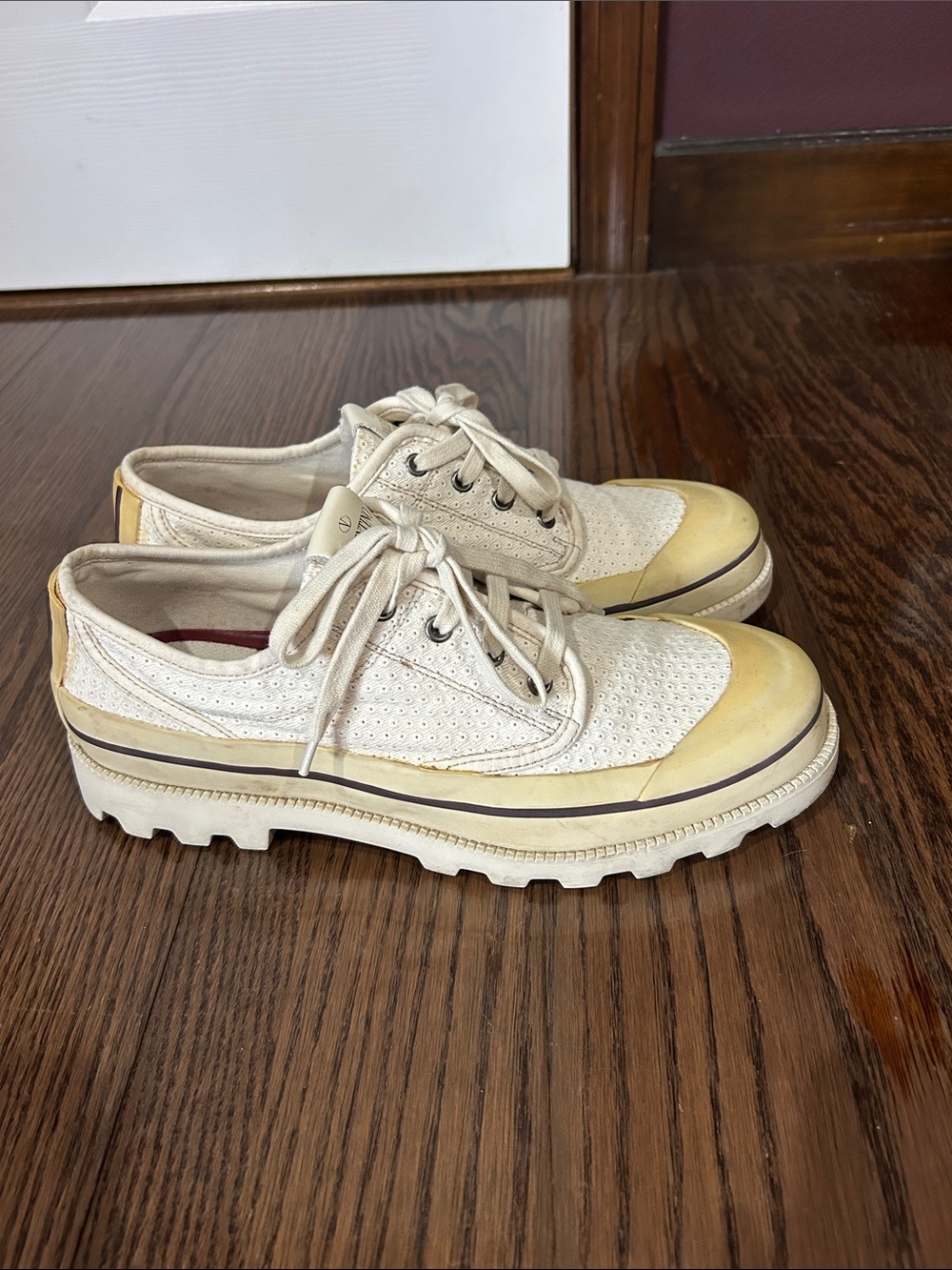 Valentino Garavani Cream Lace-Up Platform Sneakers with Yellow Toe Cap shoes 10